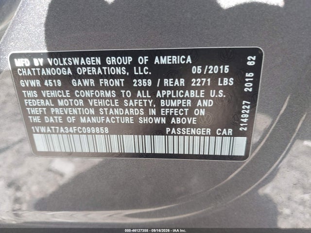 Продаж на аукціоні авто 2015 Volkswagen Passat 1.8t Limited Edition, vin: 1VWAT7A34FC099858, номер лоту: 46127358