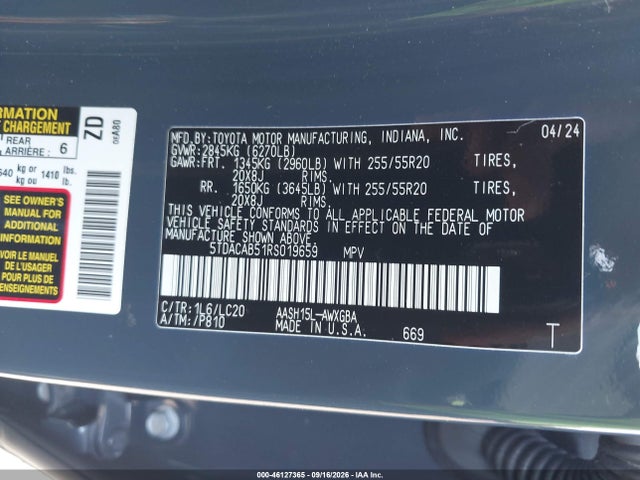 46127365 :رقم المزاد ، 5TDACAB51RS019659 vin ، 2024 Toyota Grand Highlander Hybrid Limited مزاد بيع