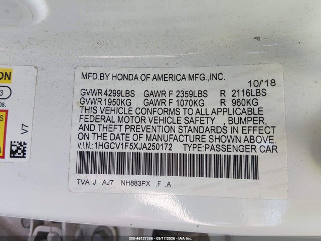 Auction sale of the 2018 Honda Accord Ex-l, vin: 1HGCV1F5XJA250172, lot number: 46127366