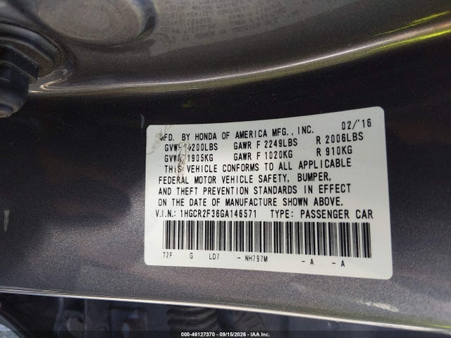 Auction sale of the 2016 Honda Accord Lx, vin: 1HGCR2F36GA146571, lot number: 46127370