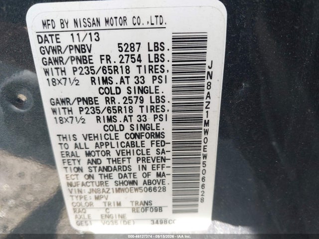 2014 Nissan Murano S მანქანა იყიდება აუქციონზე, vin: JN8AZ1MW0EW506628, აუქციონის ნომერი: 46127374
