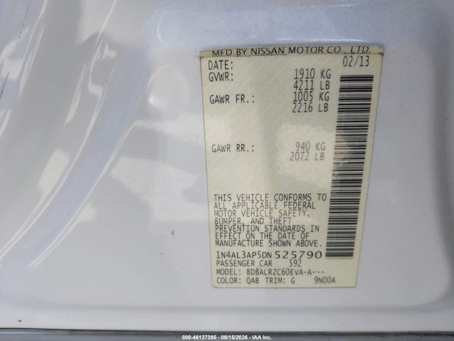 Продаж на аукціоні авто 2013 Nissan Altima 2.5 S, vin: 1N4AL3AP5DN525790, номер лоту: 46127395