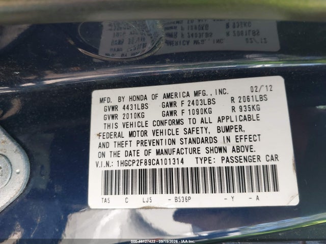 46127422 :رقم المزاد ، 1HGCP2F89CA101314 vin ، 2012 Honda Accord 2.4 Ex-l مزاد بيع