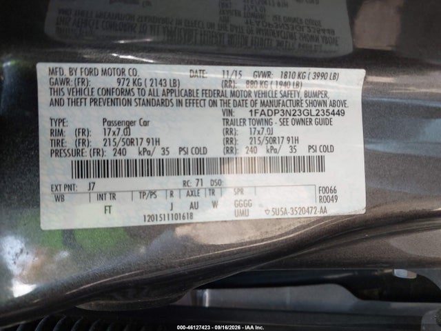 Продаж на аукціоні авто 2016 Ford Focus Titanium, vin: 1FADP3N23GL235449, номер лоту: 46127423