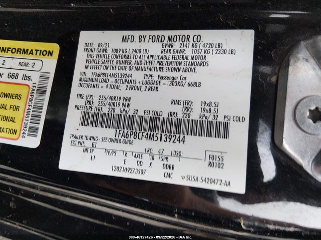 46127426 :رقم المزاد ، 1FA6P8CF4M5139244 vin ، 2021 Ford Mustang Gt Premium Fastback مزاد بيع