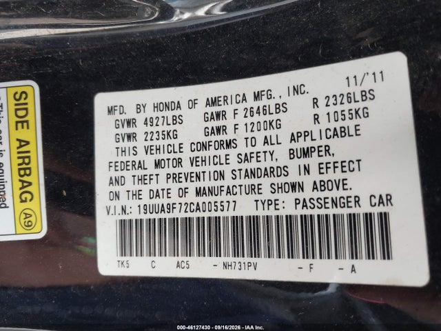 2012 Acura Tl 3.7 მანქანა იყიდება აუქციონზე, vin: 19UUA9F72CA005577, აუქციონის ნომერი: 46127430