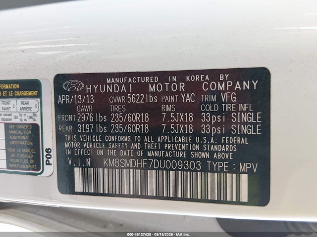 46127438 :رقم المزاد ، KM8SMDHF7DU009303 vin ، 2013 Hyundai Santa Fe Gls مزاد بيع