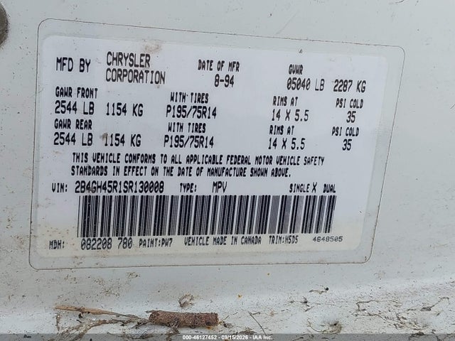 Продажа на аукционе авто 1995 Dodge Caravan Se, vin: 2B4GH45R1SR130008, номер лота: 46127452