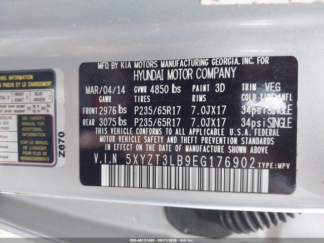 46127459 :رقم المزاد ، 5XYZT3LB9EG176902 vin ، 2014 Hyundai Santa Fe Sport 2.4l مزاد بيع
