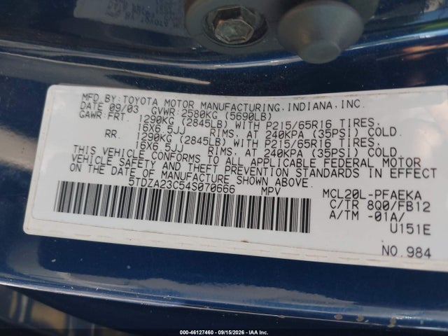 46127460 :رقم المزاد ، 5TDZA23C54S070666 vin ، 2004 Toyota Sienna Le مزاد بيع