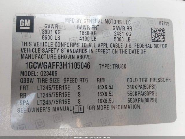 Chevrolet Express 2500 Work Van 2017 1GCWGAFF3H1105046 Image 9
