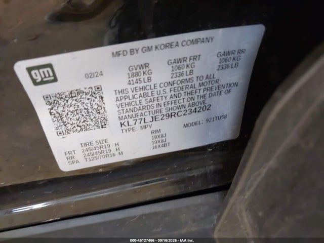 46127466 :رقم المزاد ، KL77LJE29RC234202 vin ، 2024 Chevrolet Trax Fwd 2rs مزاد بيع