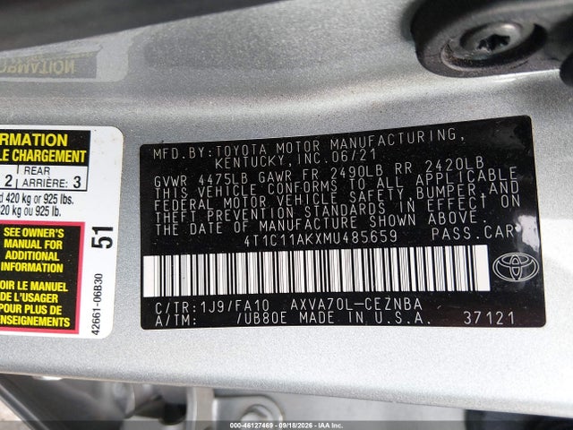 Aukcja sprzedaży 2021 Toyota Camry Le, vin: 4T1C11AKXMU485659, numer aukcji: 46127469