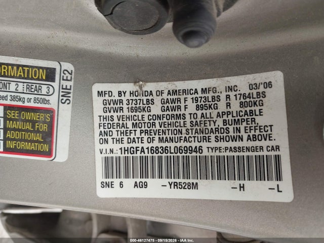 2006 Honda Civic Ex მანქანა იყიდება აუქციონზე, vin: 1HGFA16836L069946, აუქციონის ნომერი: 46127475