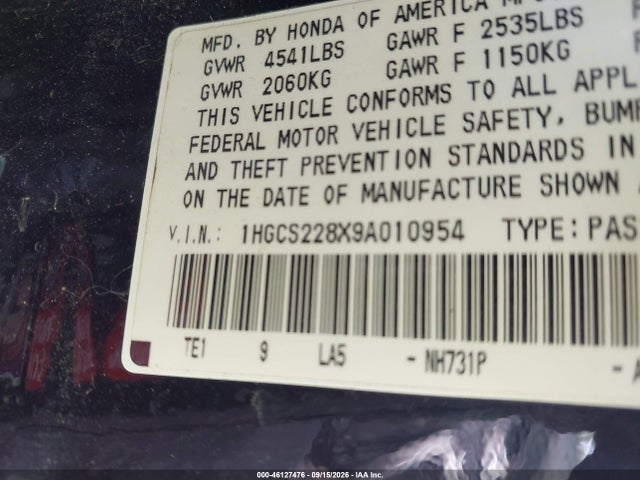 46127476 :رقم المزاد ، 1HGCS228X9A010954 vin ، 2009 Honda Accord 3.5 Ex-l مزاد بيع