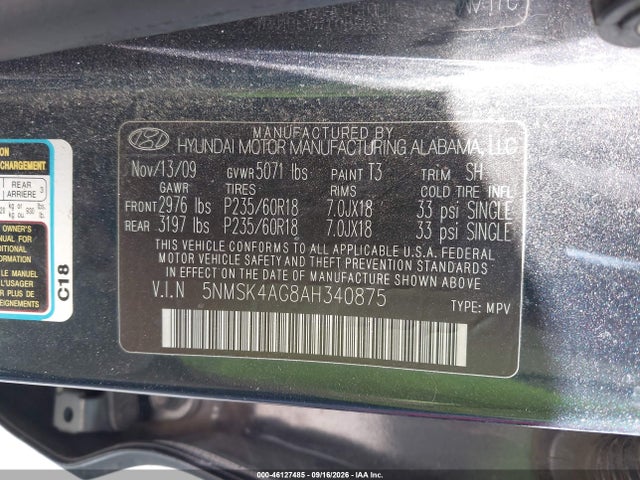 Aukcja sprzedaży 2010 Hyundai Santa Fe Limited V6, vin: 5NMSK4AG8AH340875, numer aukcji: 46127485