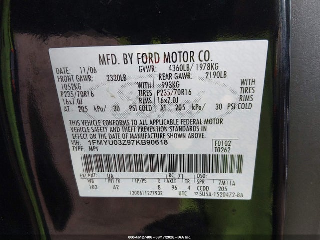 Продажа на аукционе авто 2007 Ford Escape Xlt, vin: 1FMYU03Z97KB90618, номер лота: 46127486