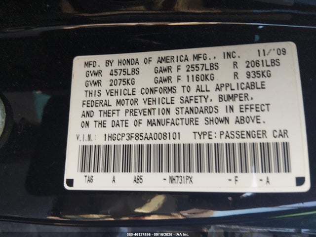46127496 :رقم المزاد ، 1HGCP3F85AA008101 vin ، 2010 Honda Accord 3.5 Ex-l مزاد بيع