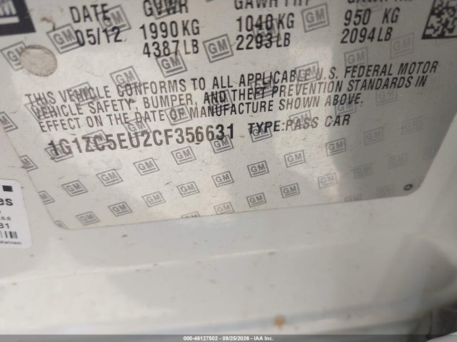 2012 Chevrolet Malibu 1lt მანქანა იყიდება აუქციონზე, vin: 1G1ZC5EU2CF356631, აუქციონის ნომერი: 46127502