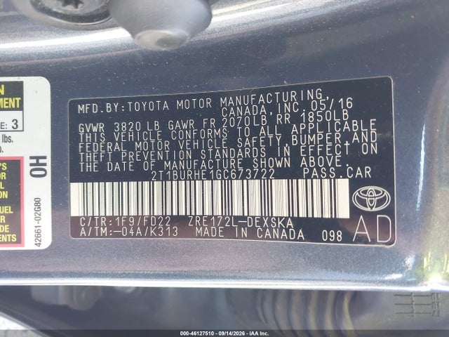 Продажа на аукционе авто 2016 Toyota Corolla S Plus, vin: 2T1BURHE1GC673722, номер лота: 46127510