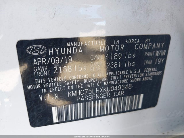 Продаж на аукціоні авто 2019 Hyundai Ioniq Electric, vin: KMHC75LHXKU049348, номер лоту: 46127516