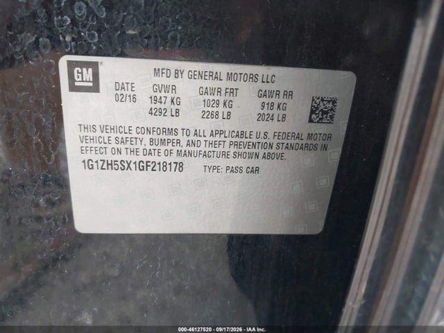 46127520 :رقم المزاد ، 1G1ZH5SX1GF218178 vin ، 2016 Chevrolet Malibu Premier مزاد بيع