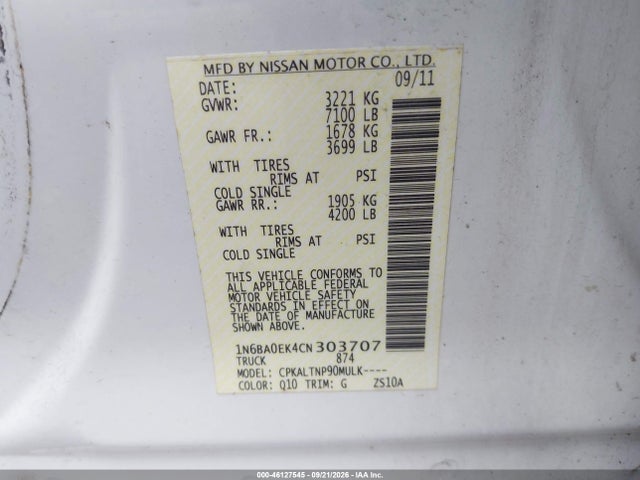 Продаж на аукціоні авто 2012 Nissan Titan Sv, vin: 1N6BA0EK4CN303707, номер лоту: 46127545