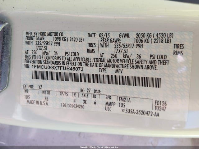 46127548 :رقم المزاد ، 1FMCU0GX7FUB46073 vin ، 2015 Ford Escape Se مزاد بيع