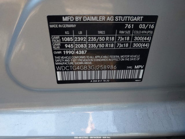 46127552 :رقم المزاد ، WDCTG4GB3GJ258986 vin ، 2016 Mercedes-benz Gla 250 4matic مزاد بيع