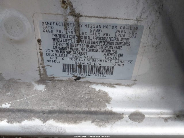 46127567 :رقم المزاد ، 3N1CN7AP1GL843501 vin ، 2016 Nissan Versa 1.6 S+ مزاد بيع