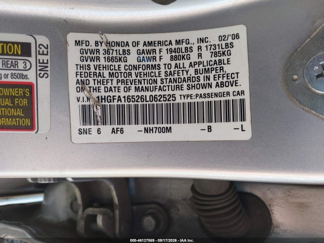 46127569 :رقم المزاد ، 1HGFA16526L062525 vin ، 2006 Honda Civic Lx مزاد بيع
