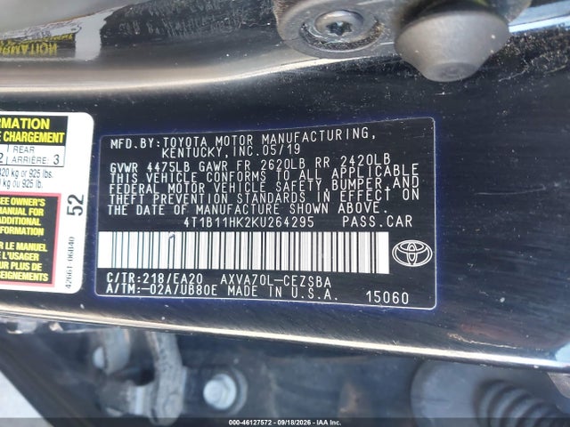2019 Toyota Camry Se მანქანა იყიდება აუქციონზე, vin: 4T1B11HK2KU264295, აუქციონის ნომერი: 46127572