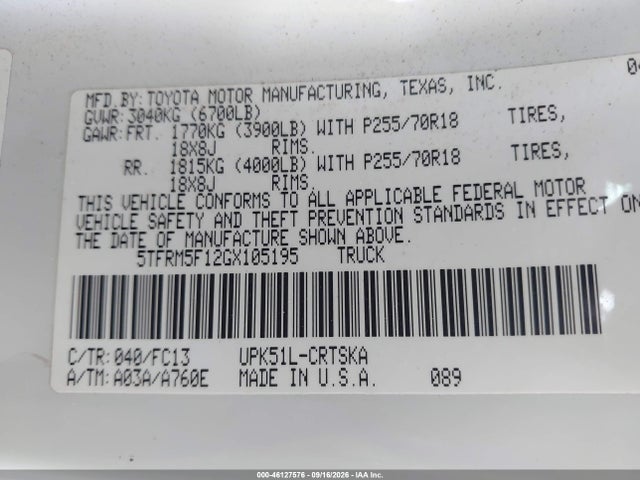 46127576 :رقم المزاد ، 5TFRM5F12GX105195 vin ، 2016 Toyota Tundra Sr5 4.6l V8 مزاد بيع