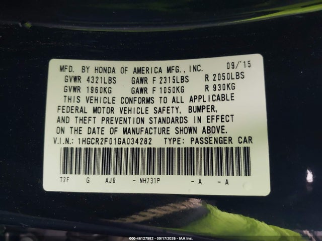46127582 :رقم المزاد ، 1HGCR2F01GA034282 vin ، 2016 Honda Accord Ex مزاد بيع