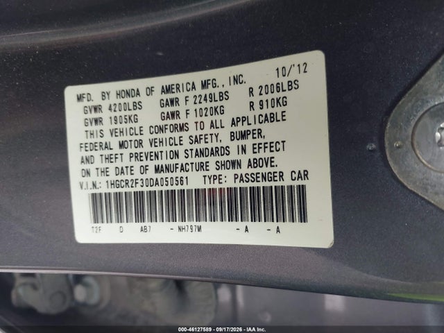 Продажа на аукционе авто 2013 Honda Accord Lx, vin: 1HGCR2F30DA050561, номер лота: 46127589