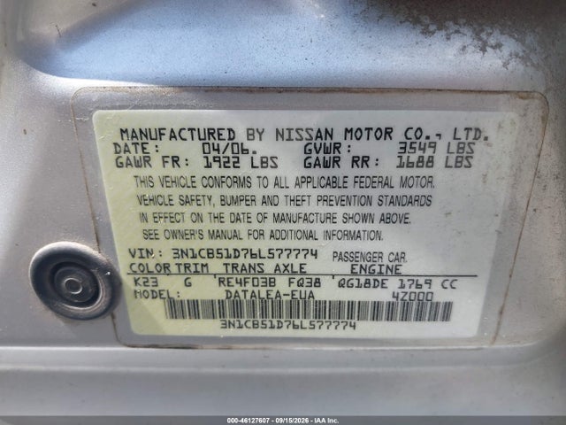 Aukcja sprzedaży 2006 Nissan Sentra 1.8s, vin: 3N1CB51D76L577774, numer aukcji: 46127607
