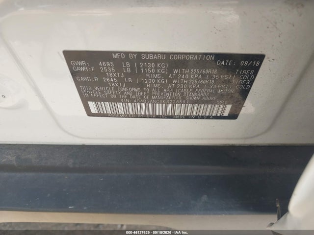 2019 Subaru Outback 2.5i Limited მანქანა იყიდება აუქციონზე, vin: 4S4BSANCXK3228581, აუქციონის ნომერი: 46127629