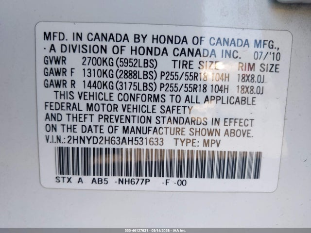 Aukcja sprzedaży 2010 Acura Mdx Technology Package, vin: 2HNYD2H63AH531633, numer aukcji: 46127631