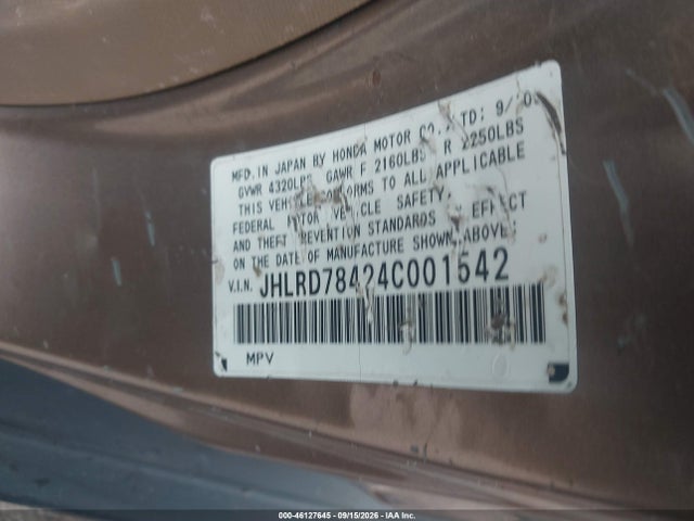 Auction sale of the 2004 Honda Cr-v Lx, vin: JHLRD78424C001542, lot number: 46127645