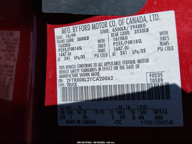 Продаж на аукціоні авто 2000 Ford F-150 Lariat/xl/xlt, vin: 2FTRX08L2YCA20062, номер лоту: 46127648