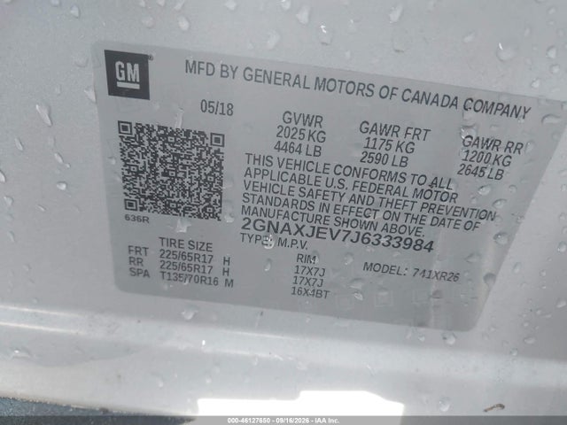 2018 Chevrolet Equinox Lt მანქანა იყიდება აუქციონზე, vin: 2GNAXJEV7J6333984, აუქციონის ნომერი: 46127650