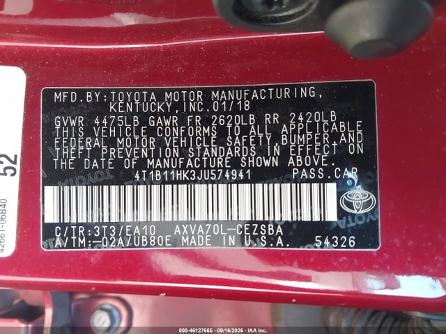 46127665 :رقم المزاد ، 4T1B11HK3JU574941 vin ، 2018 Toyota Camry Se مزاد بيع