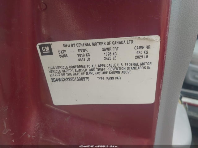 46127683 :رقم المزاد ، 2G4WC532951308979 vin ، 2005 Buick Lacrosse Cx مزاد بيع