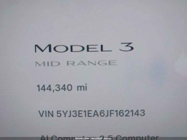 2018 Tesla Model 3 მანქანა იყიდება აუქციონზე, vin: 5YJ3E1EA6JF162143, აუქციონის ნომერი: 46127684