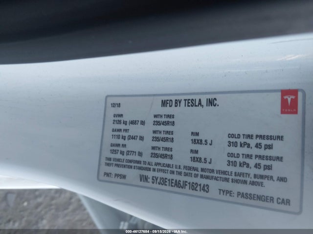 2018 Tesla Model 3 მანქანა იყიდება აუქციონზე, vin: 5YJ3E1EA6JF162143, აუქციონის ნომერი: 46127684