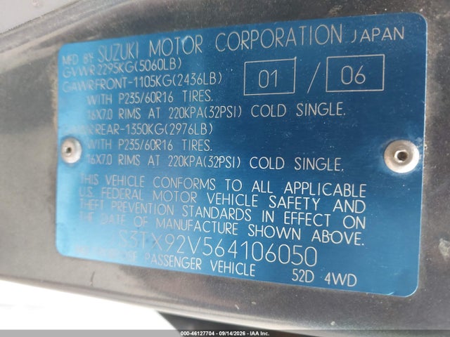 Aukcja sprzedaży 2006 Suzuki Xl-7 Premium, vin: JS3TX92V564106050, numer aukcji: 46127704