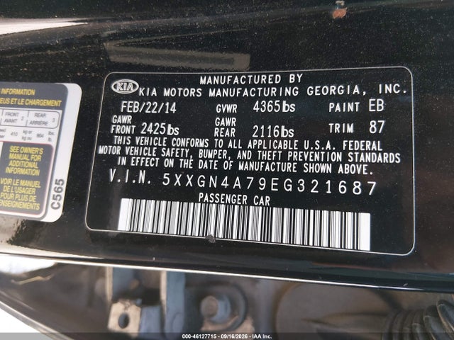 Aukcja sprzedaży 2014 Kia Optima Ex, vin: 5XXGN4A79EG321687, numer aukcji: 46127715