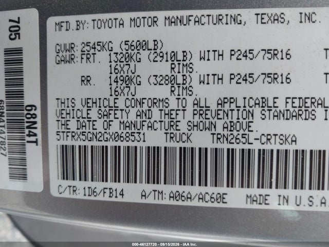 Продажа на аукционе авто 2016 Toyota Tacoma Sr, vin: 5TFRX5GN2GX068531, номер лота: 46127720