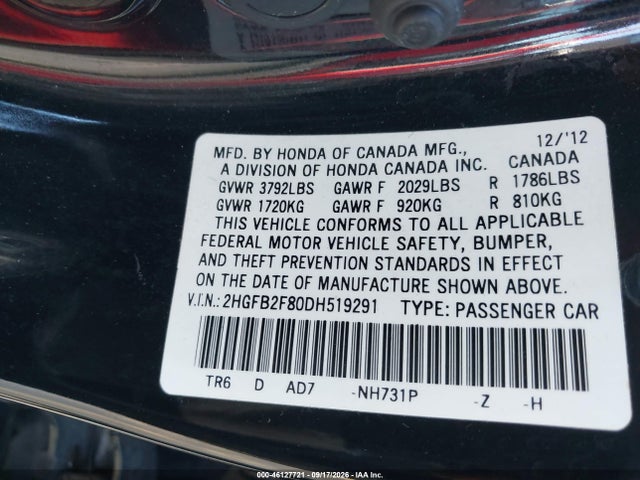 46127721 :رقم المزاد ، 2HGFB2F80DH519291 vin ، 2013 Honda Civic Ex مزاد بيع