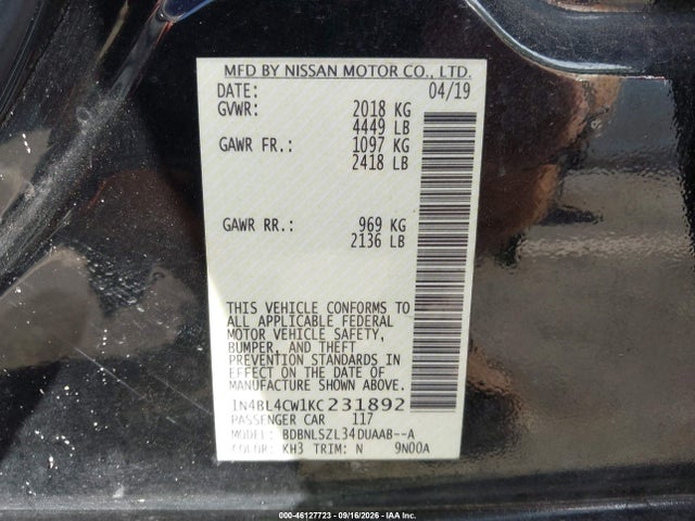 Продаж на аукціоні авто 2019 Nissan Altima 2.5 Sr, vin: 1N4BL4CW1KC231892, номер лоту: 46127723